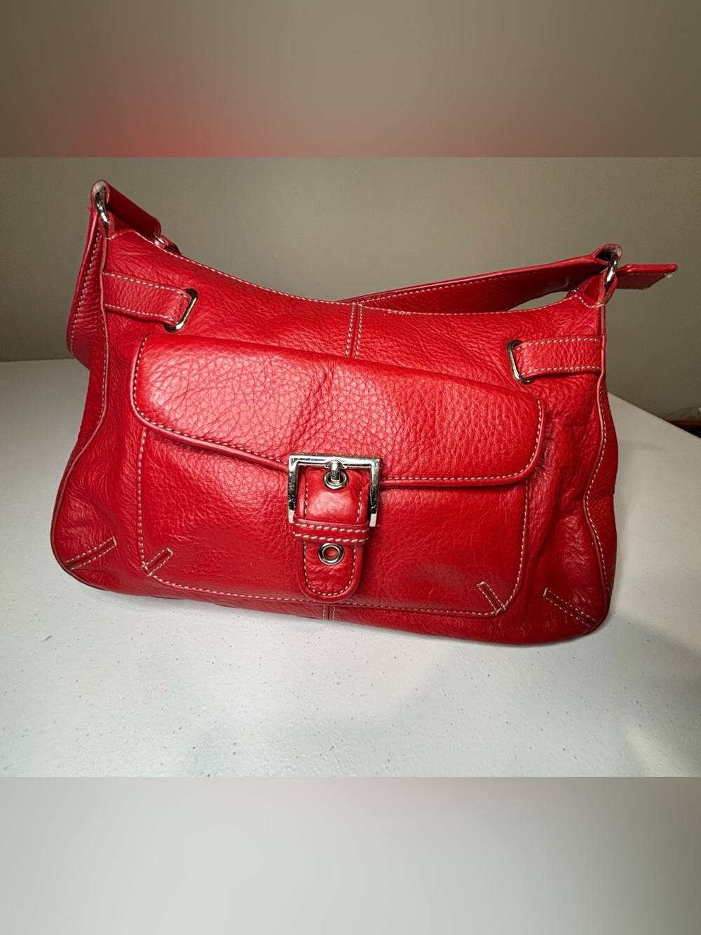 Women’s Red Leather Shoulder Bag with Front Buckle Pocket